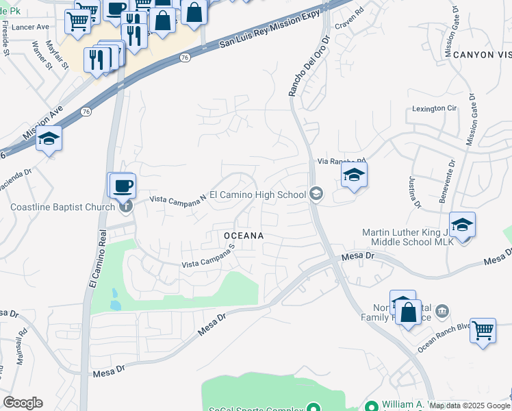 map of restaurants, bars, coffee shops, grocery stores, and more near 3875 Vista Campana North in Oceanside