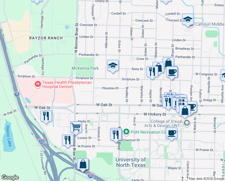 map of restaurants, bars, coffee shops, grocery stores, and more near 2111 Houston Place in Denton