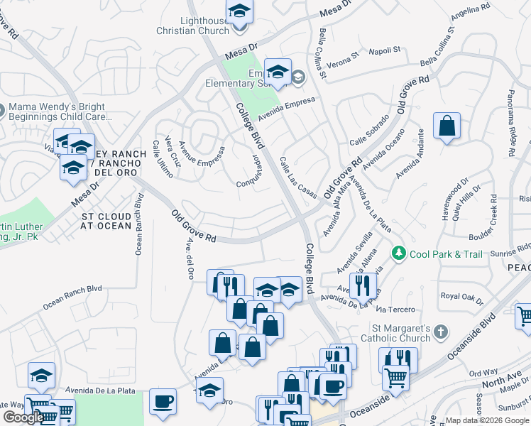 map of restaurants, bars, coffee shops, grocery stores, and more near 1257 Via Candelas in Oceanside