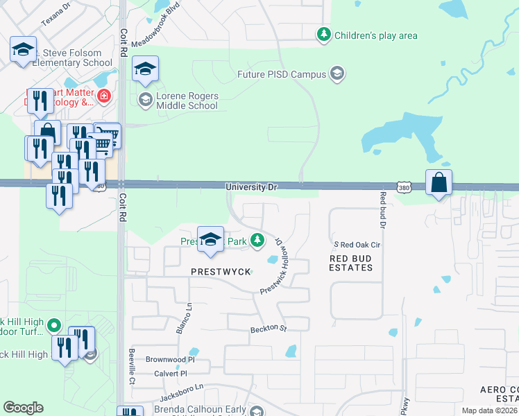 map of restaurants, bars, coffee shops, grocery stores, and more near 11801 Hamptonbrook Drive in McKinney