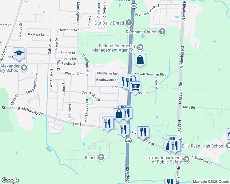 map of restaurants, bars, coffee shops, grocery stores, and more near 402 Cardinal Drive in Denton
