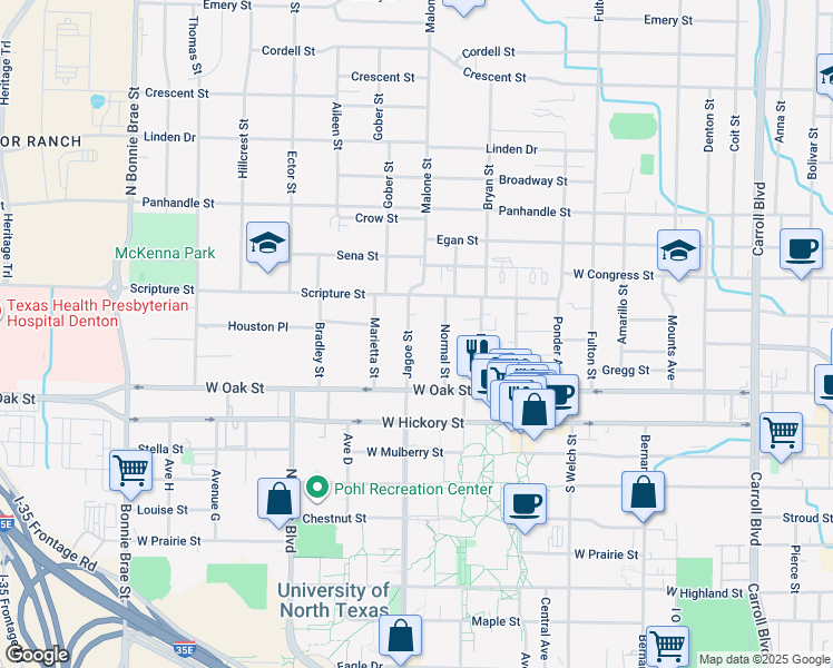 map of restaurants, bars, coffee shops, grocery stores, and more near 316 Jagoe Street in Denton