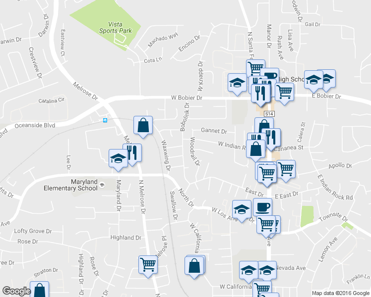 map of restaurants, bars, coffee shops, grocery stores, and more near 1207 Bobolink Drive in Vista