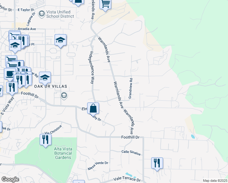 map of restaurants, bars, coffee shops, grocery stores, and more near 1314 Warmlands Avenue in Vista