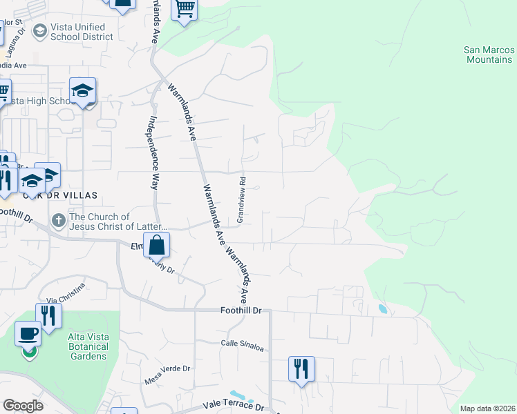 map of restaurants, bars, coffee shops, grocery stores, and more near 1250 Alessandro Lane in Vista