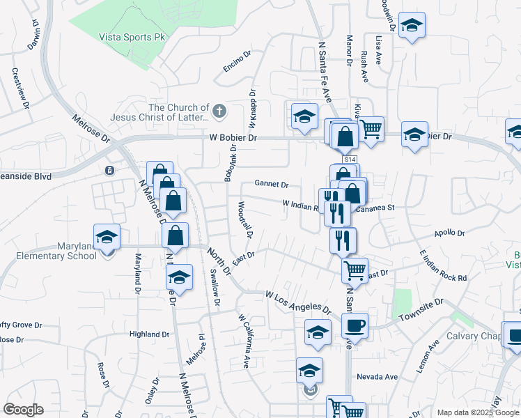 map of restaurants, bars, coffee shops, grocery stores, and more near 277 Puffin Drive in Vista