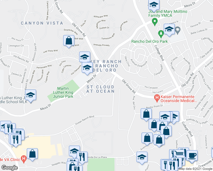 map of restaurants, bars, coffee shops, grocery stores, and more near 4350 Nautilus Way in Oceanside
