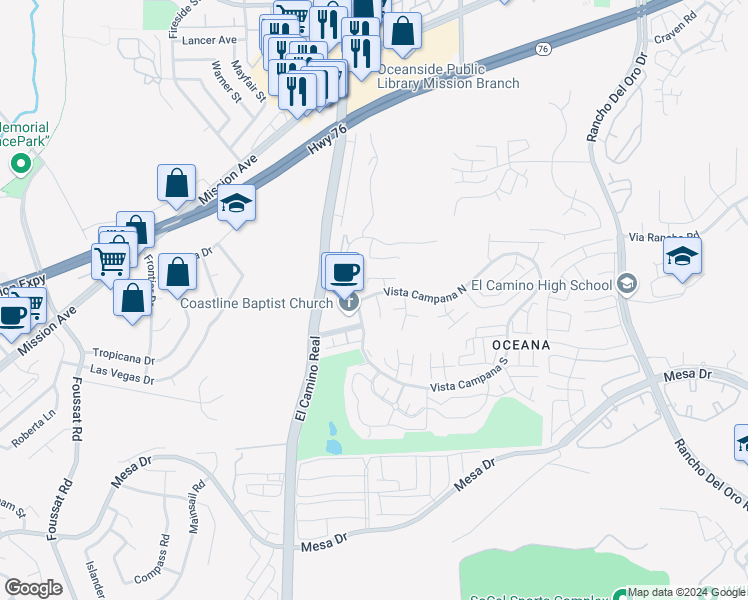 map of restaurants, bars, coffee shops, grocery stores, and more near 3655 Vista Campana North in Oceanside