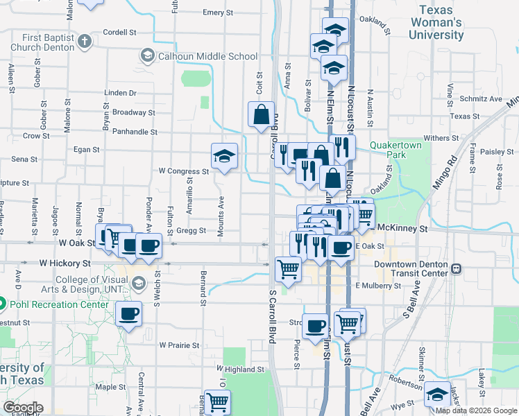 map of restaurants, bars, coffee shops, grocery stores, and more near 606 Pearl Street in Denton