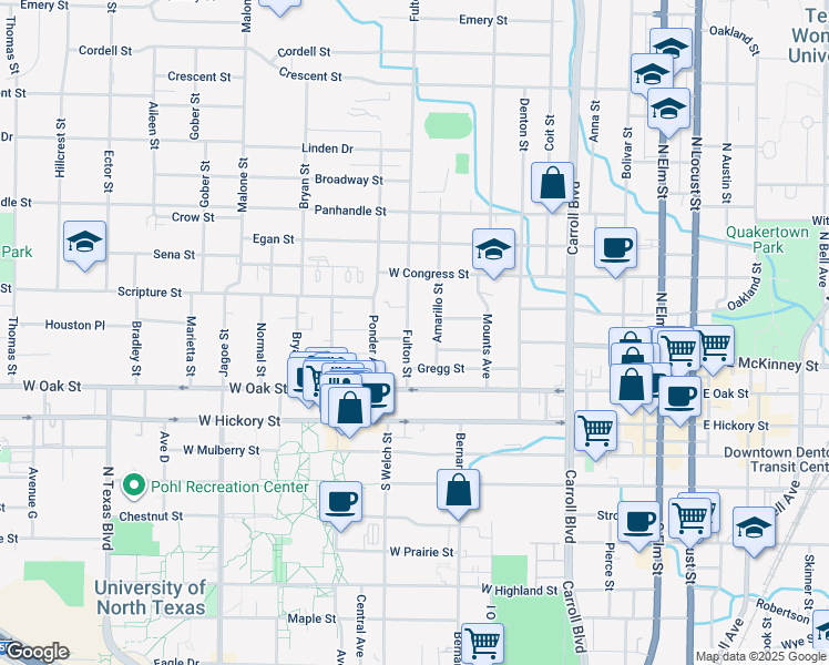 map of restaurants, bars, coffee shops, grocery stores, and more near 412 Fulton Street in Denton