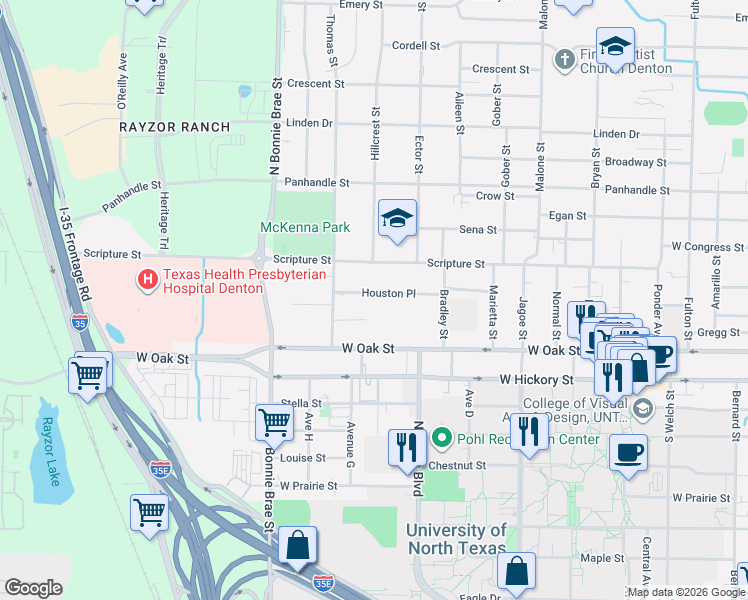 map of restaurants, bars, coffee shops, grocery stores, and more near 2111 Houston Place in Denton