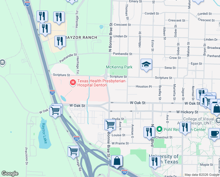 map of restaurants, bars, coffee shops, grocery stores, and more near 310 North Bonnie Brae Street in Denton