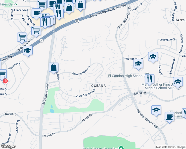 map of restaurants, bars, coffee shops, grocery stores, and more near 3890 Vista Campana North in Oceanside