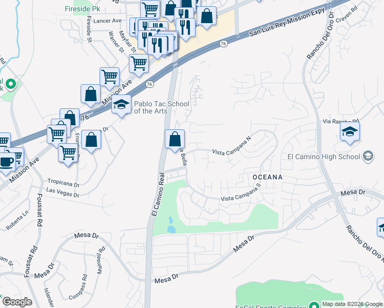 map of restaurants, bars, coffee shops, grocery stores, and more near 3655 Vista Campana North in Oceanside
