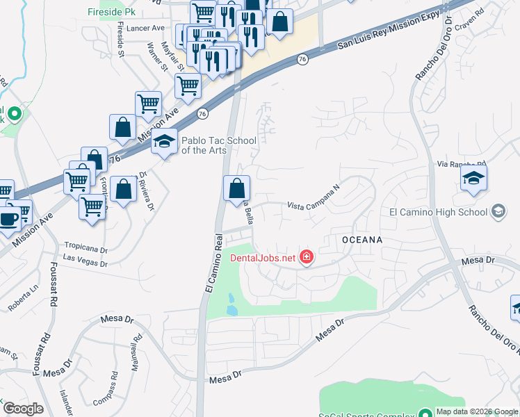 map of restaurants, bars, coffee shops, grocery stores, and more near 3655 Vista Campana North in Oceanside