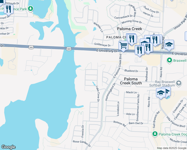 map of restaurants, bars, coffee shops, grocery stores, and more near 1121 Diamond Dove Drive in Little Elm
