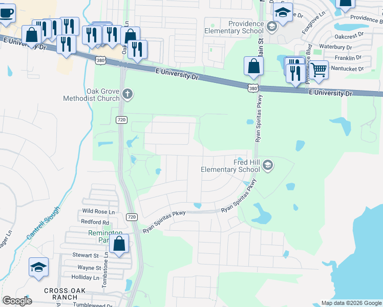 map of restaurants, bars, coffee shops, grocery stores, and more near 133 Ellen Way in Aubrey