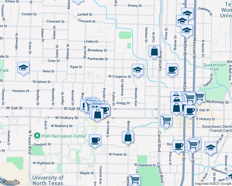 map of restaurants, bars, coffee shops, grocery stores, and more near 412 Fulton Street in Denton