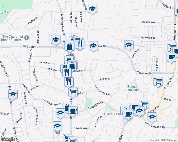 map of restaurants, bars, coffee shops, grocery stores, and more near 237 East Indian Rock Road in Vista