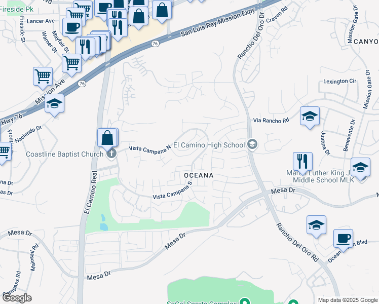 map of restaurants, bars, coffee shops, grocery stores, and more near 3890 Vista Campana North in Oceanside