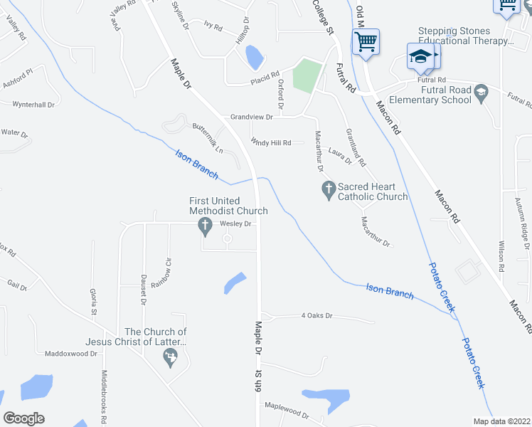 map of restaurants, bars, coffee shops, grocery stores, and more near 1340 Maple Drive in Griffin