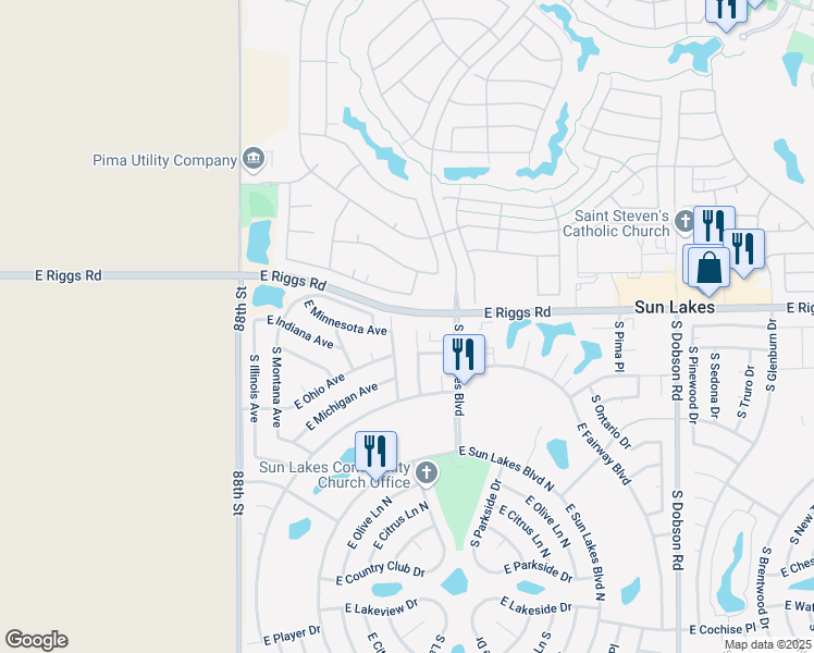 map of restaurants, bars, coffee shops, grocery stores, and more near 25208 S Kansas Ave in Sun Lakes