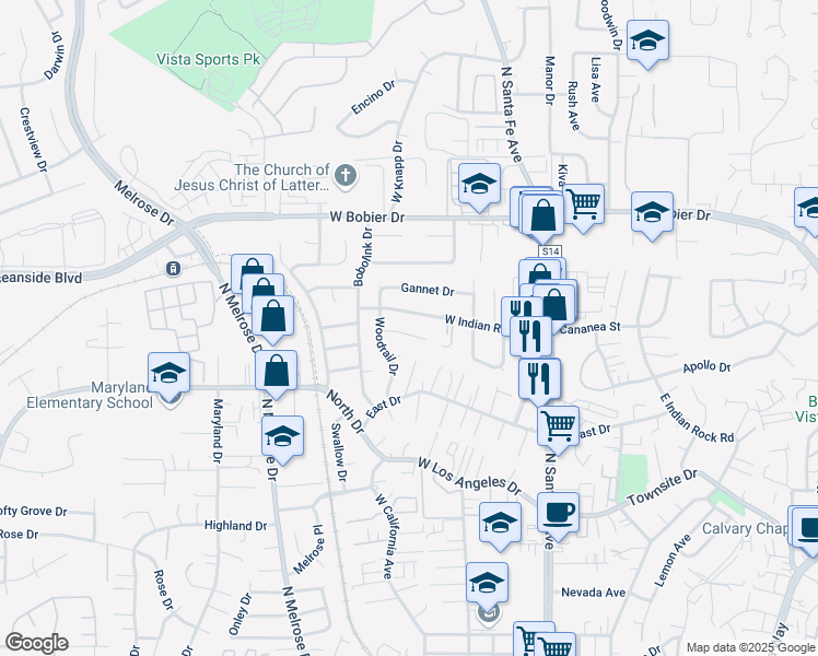 map of restaurants, bars, coffee shops, grocery stores, and more near 277 Puffin Drive in Vista