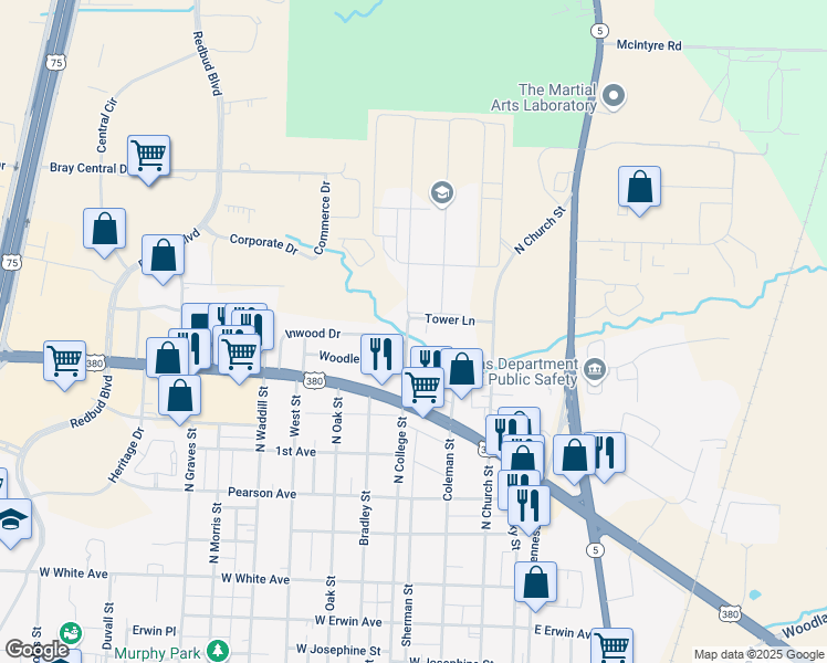 map of restaurants, bars, coffee shops, grocery stores, and more near 1910 North College Street in McKinney