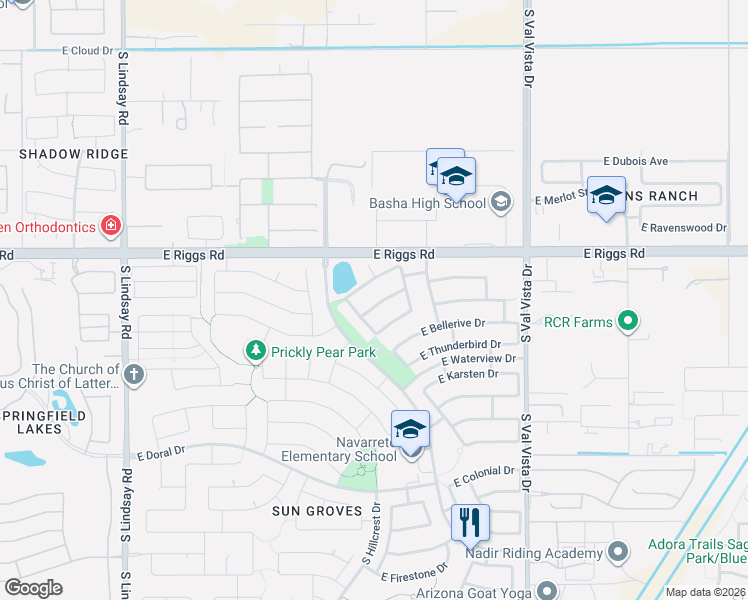 map of restaurants, bars, coffee shops, grocery stores, and more near 4650 East Torrey Pines Lane in Chandler