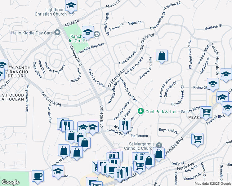 map of restaurants, bars, coffee shops, grocery stores, and more near 1739 Avenida Alta Mira in Oceanside