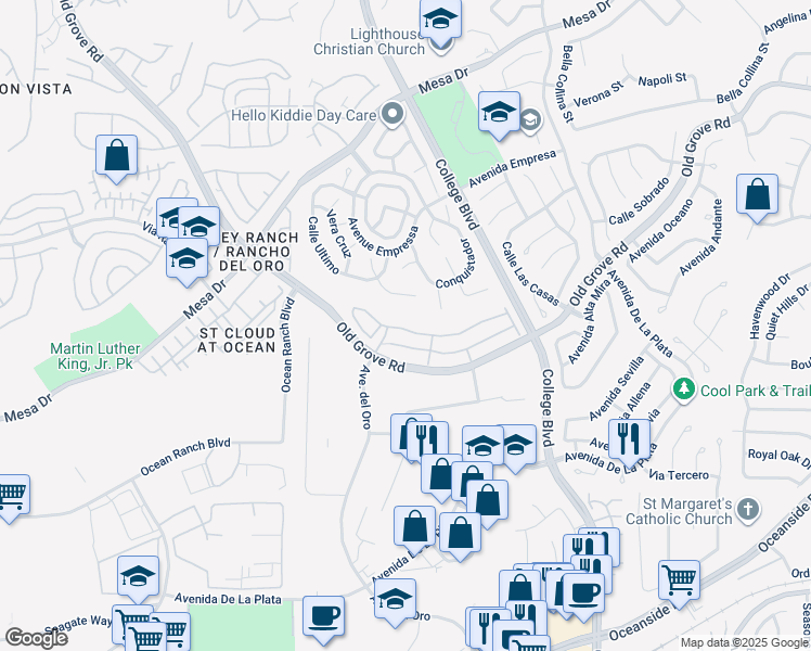map of restaurants, bars, coffee shops, grocery stores, and more near 1210 Via Candelas in Oceanside
