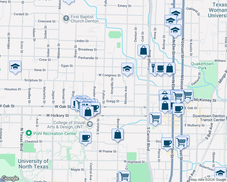 map of restaurants, bars, coffee shops, grocery stores, and more near 903 Anderson Street in Denton