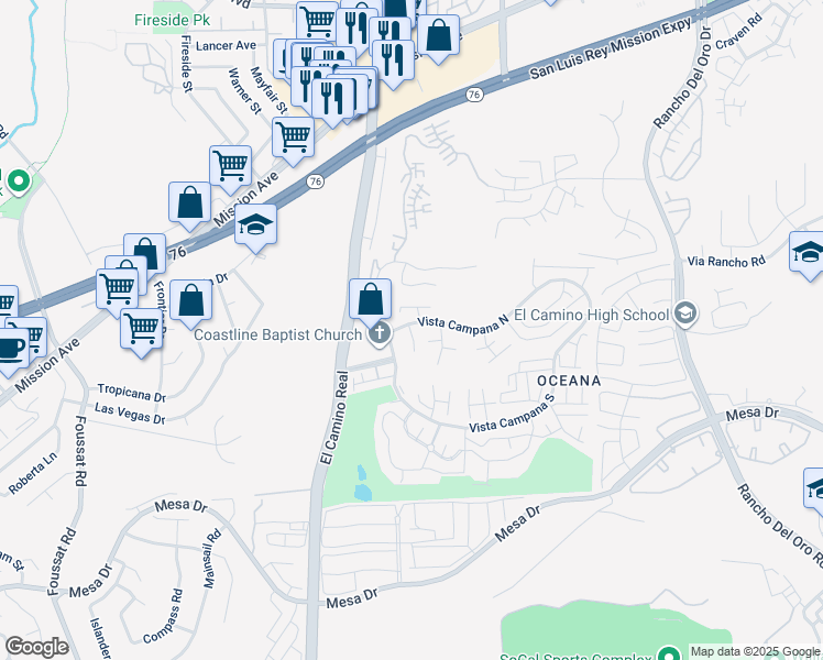 map of restaurants, bars, coffee shops, grocery stores, and more near 3655 Vista Campana North in Oceanside