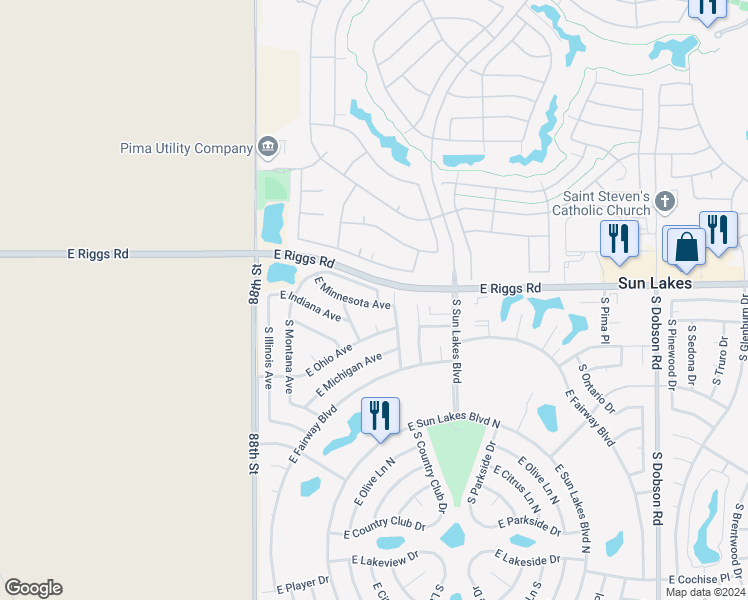 map of restaurants, bars, coffee shops, grocery stores, and more near 9026 East Minnesota Avenue in Sun Lakes