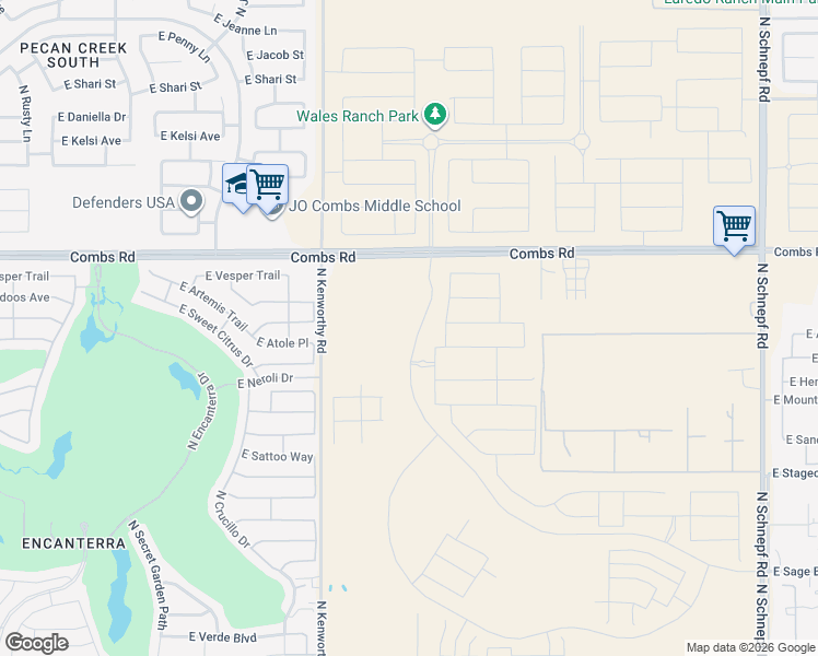 map of restaurants, bars, coffee shops, grocery stores, and more near 1869 East Combs Road in San Tan Valley