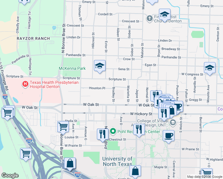 map of restaurants, bars, coffee shops, grocery stores, and more near 2025 Houston Place in Denton