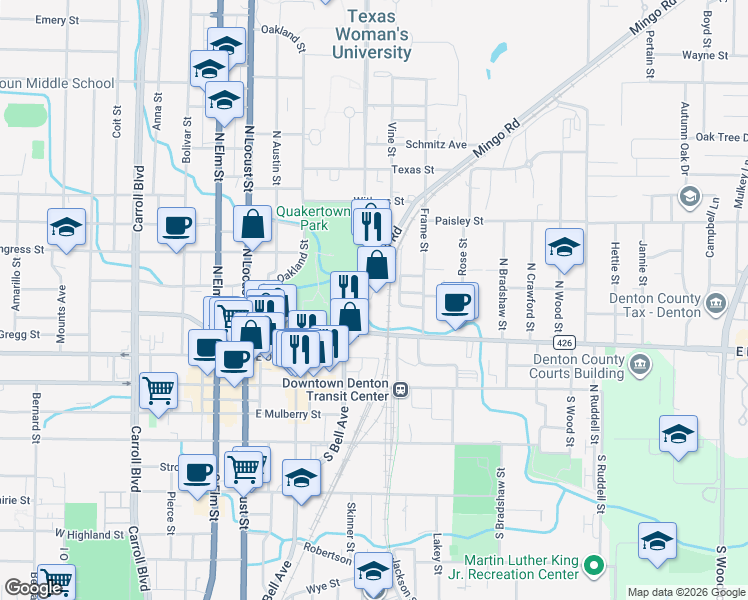 map of restaurants, bars, coffee shops, grocery stores, and more near 318 Bell Place in Denton