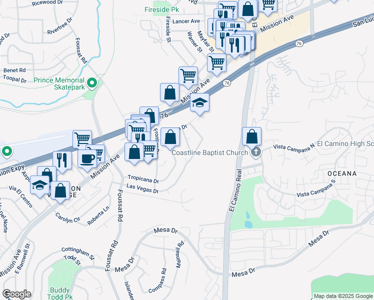 map of restaurants, bars, coffee shops, grocery stores, and more near 126 Tropicana Drive in Oceanside