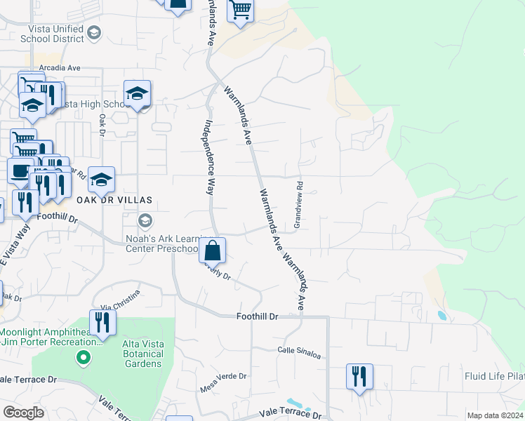map of restaurants, bars, coffee shops, grocery stores, and more near 1314 Warmlands Avenue in Vista