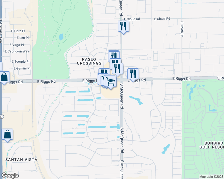 map of restaurants, bars, coffee shops, grocery stores, and more near 985 East Riggs Road in Chandler