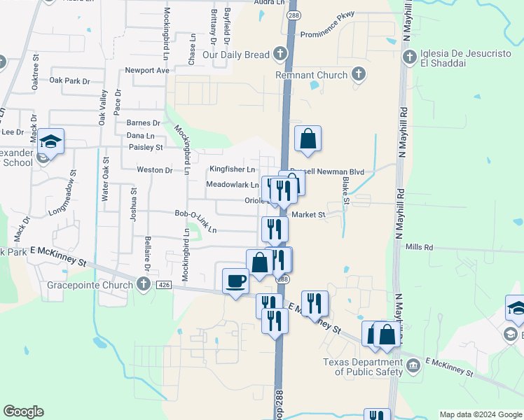 map of restaurants, bars, coffee shops, grocery stores, and more near 402 Cardinal Drive in Denton
