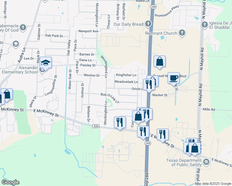 map of restaurants, bars, coffee shops, grocery stores, and more near 3300 Woodthrush Ln in Denton