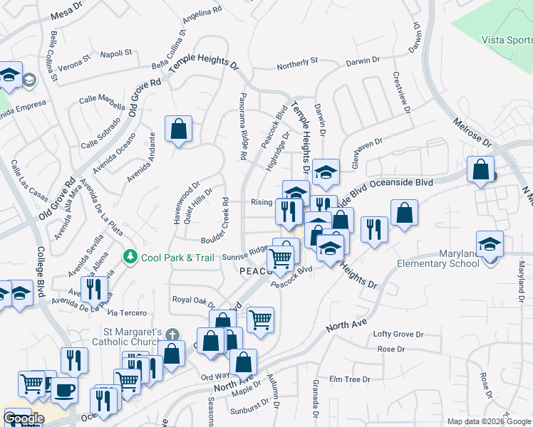 map of restaurants, bars, coffee shops, grocery stores, and more near 4742 Rim Rock Road in Oceanside