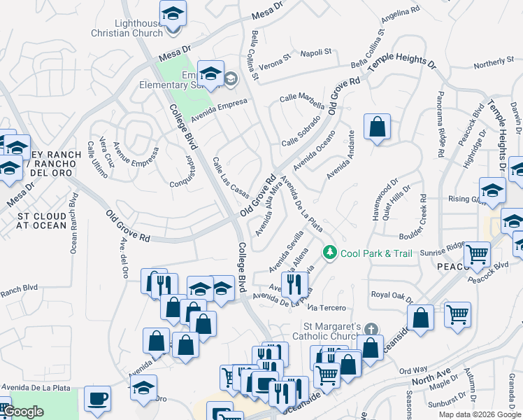 map of restaurants, bars, coffee shops, grocery stores, and more near 1739 Avenida Alta Mira in Oceanside