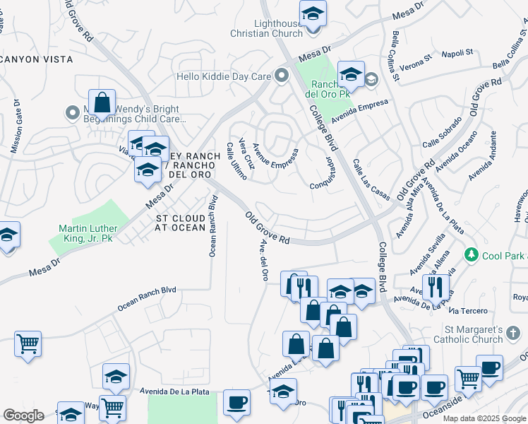 map of restaurants, bars, coffee shops, grocery stores, and more near 1189 Via Candelas in Oceanside