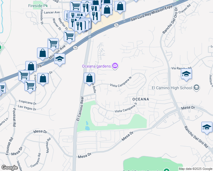 map of restaurants, bars, coffee shops, grocery stores, and more near 3685 Vista Campana North in Oceanside