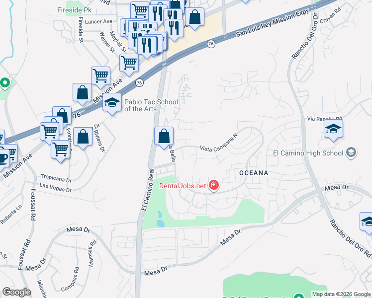 map of restaurants, bars, coffee shops, grocery stores, and more near 3655 Vista Campana North in Oceanside