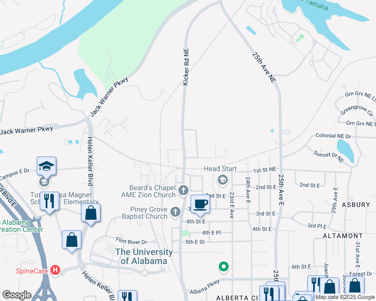 map of restaurants, bars, coffee shops, grocery stores, and more near 108 20th Avenue in Tuscaloosa