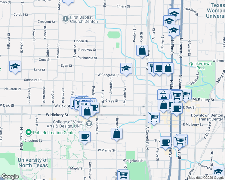 map of restaurants, bars, coffee shops, grocery stores, and more near 903 Anderson Street in Denton