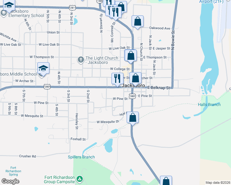 map of restaurants, bars, coffee shops, grocery stores, and more near 215 South Phillips Street in Jacksboro